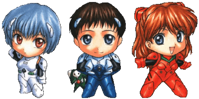 rei, shinji and asuka, the three eva pilots. a small sachiel is seen behind shinji