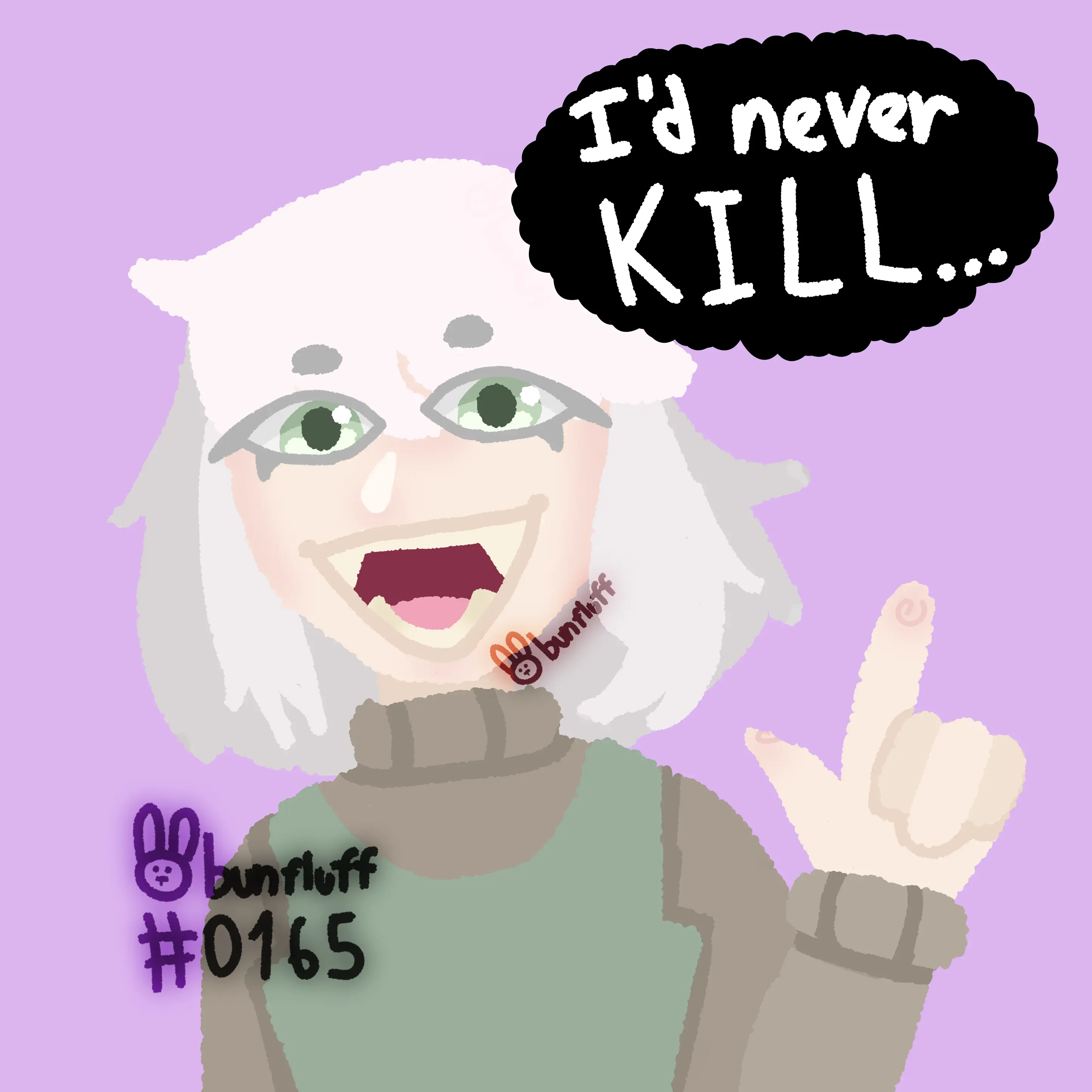 a white haired girl saying 'i'd never kill'