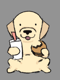 a golden retriever puppy holding a half-eaten cheeseburger and soda cup