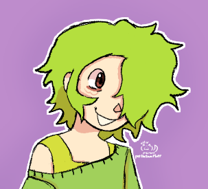 artfight attack for  	Beetle-. a pokémon trainer with green hair looking happy