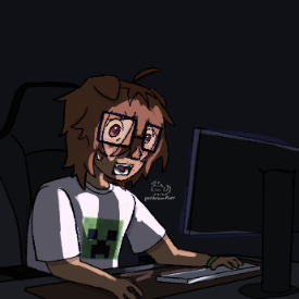 artfight attack for vrtualv4mpboy. a person with dog ears looking at a computer with a surprised face